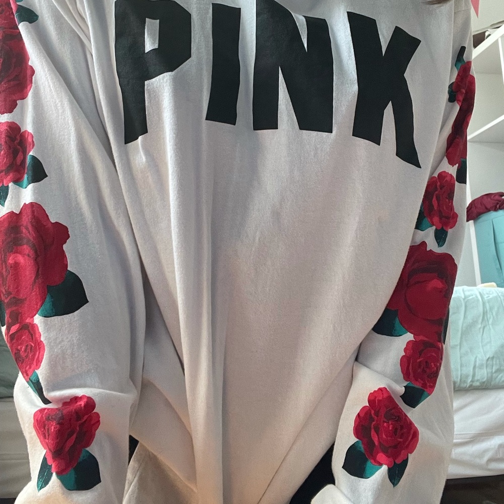oversized pink long sleeve top with roses